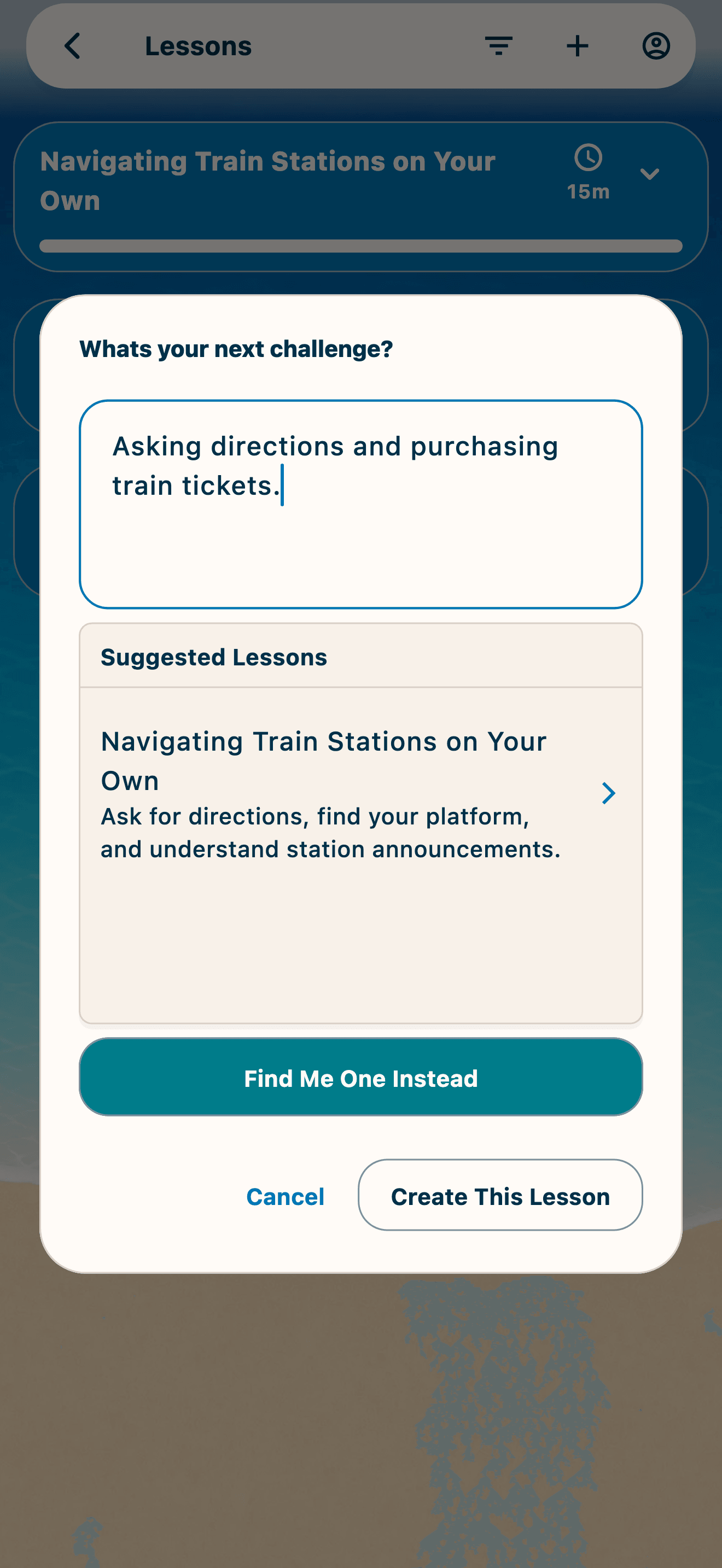 A lesson prompt asking for help with directions and train tickets
